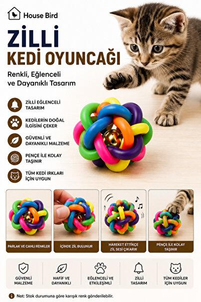 House Bird Zilli Renkli Kedi ve Köpek Oyuncağı İnteraktif Eğlence Oyun Topu