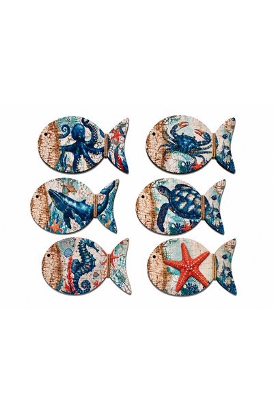 Şımartan Sea Creatures Patterned Fish Shaped Mdf Coasters – Uv Printed Decorative Set of 6