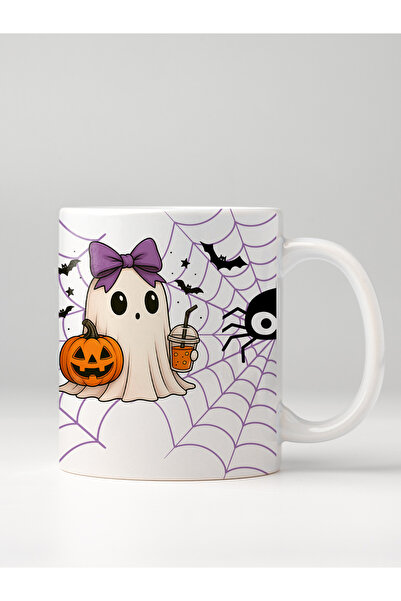 North Whiskers Cute Ghost and Pumpkin Design Gift Mug with Purple Ribbon - (3...