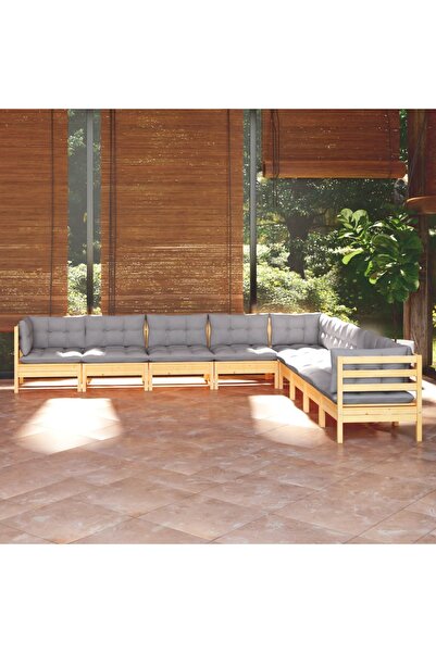 vidaxl Set mobilier de gradina cu perne gri, 9 piese, lemn masiv pin
