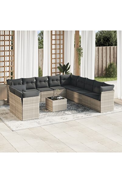 vidaxl Garden sofa set with cushions, 12 pieces, light grey polyrattan
