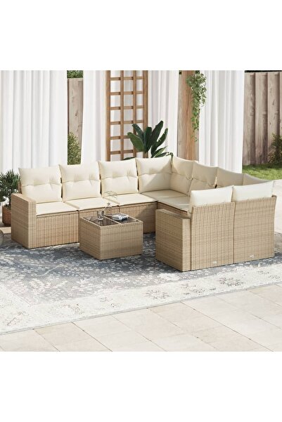 vidaxl Set canapele de gradina, 9 piese, cu perne, bej, poliratan