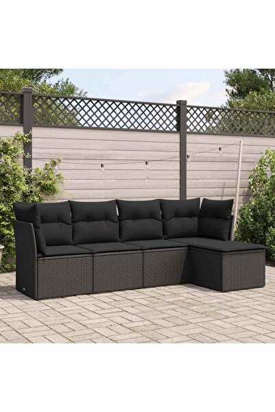 vidaxl Garden furniture set with cushions, 5 pieces, black, polyrattan