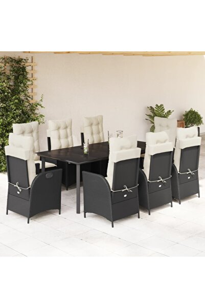 vidaxl Garden furniture set with cushions, 9 pieces, black, polyrattan