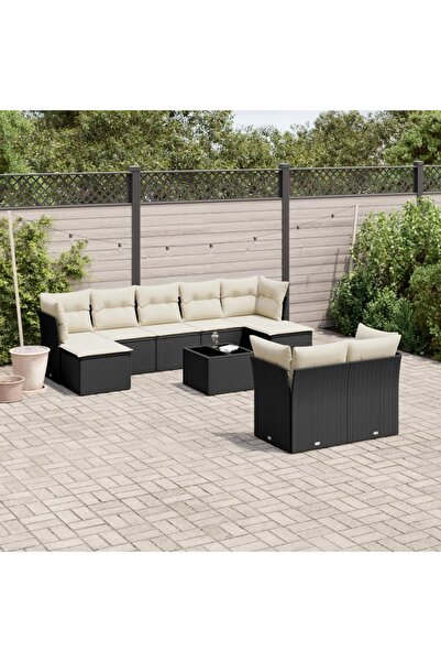 vidaxl Garden sofa set with cushions, 10 pieces, black, polyrattan