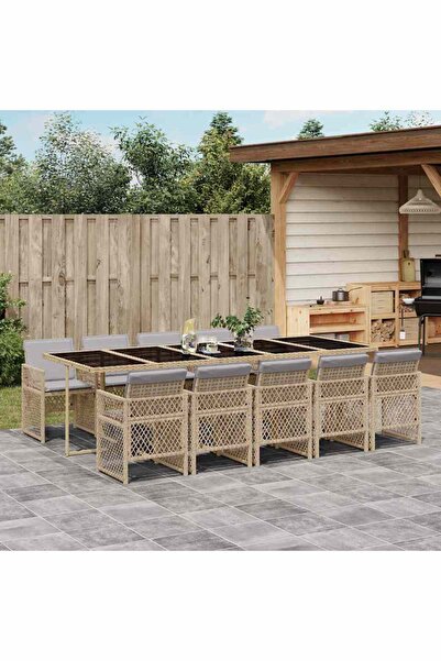 vidaxl Garden furniture set with cushions, 11 pieces, beige, polyrattan