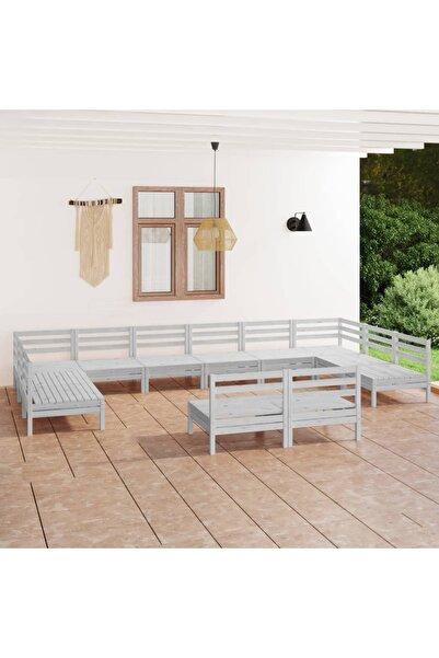 vidaxl Set mobilier de gradina, 12 piese, alb, lemn masiv de pin