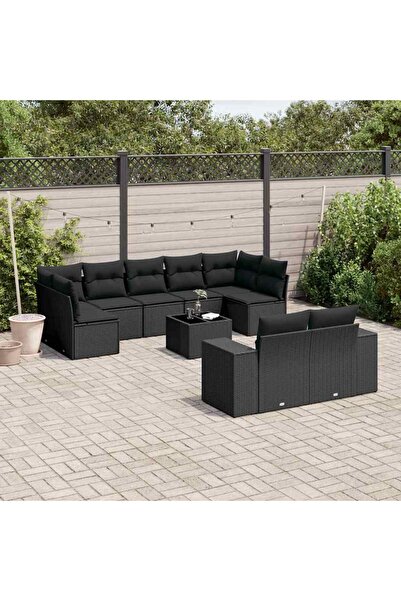 vidaxl Garden sofa set with cushions, 10 pieces, black, polyrattan