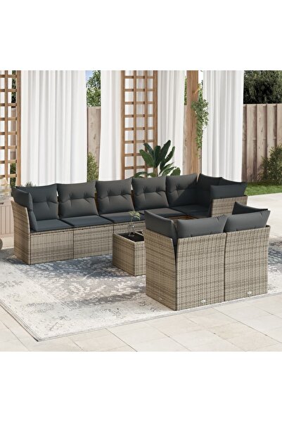 vidaxl Set canapele de gradina, 9 piese, cu perne, gri, poliratan