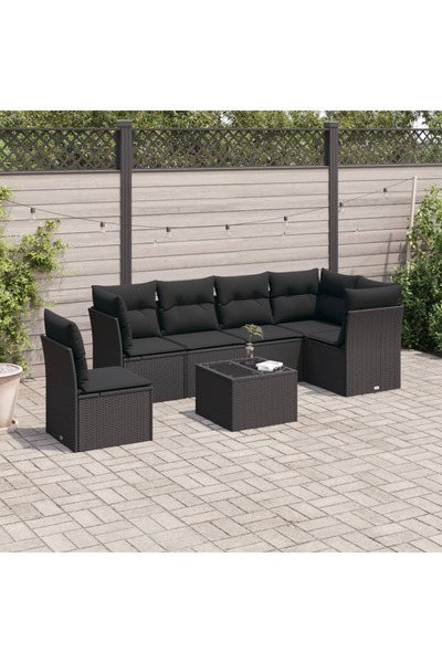 vidaxl Set canapele de gradina cu perne, 7 piese, negru, poliratan