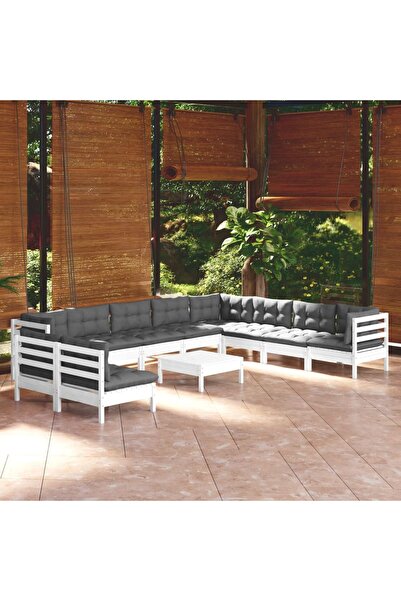 vidaxl Set mobilier gradina cu perne, 11 piese, alb, lemn masiv pin