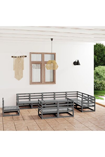 vidaxl Set mobilier de gradina, 10 piese, gri, lemn masiv de pin