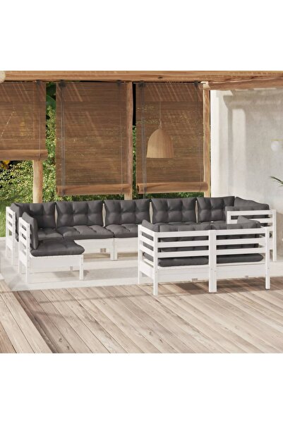 vidaxl Set mobilier de gradina cu perne, 9 piese, alb, lemn masiv pin