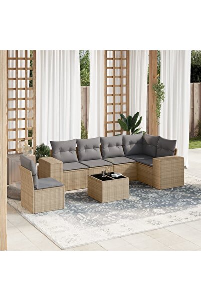 vidaxl Garden sofa set, 7 pieces, with cushions, beige, polyrattan