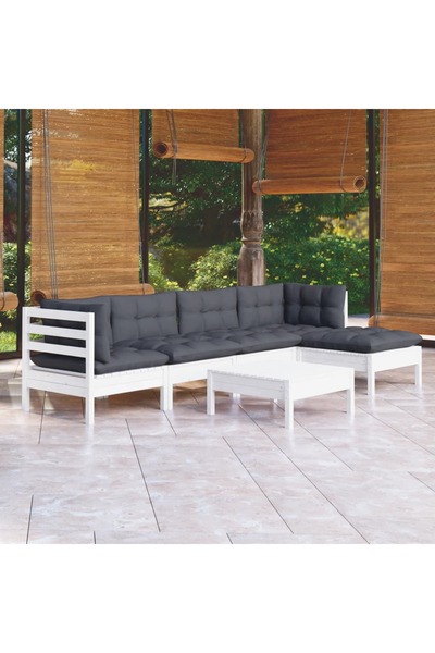 vidaxl Set mobilier de gradina cu perne, 6 piese, alb, lemn de pin