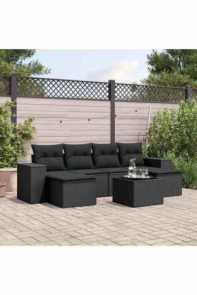 vidaxl Set canapele de gradina cu perne, 7 piese, negru, poliratan