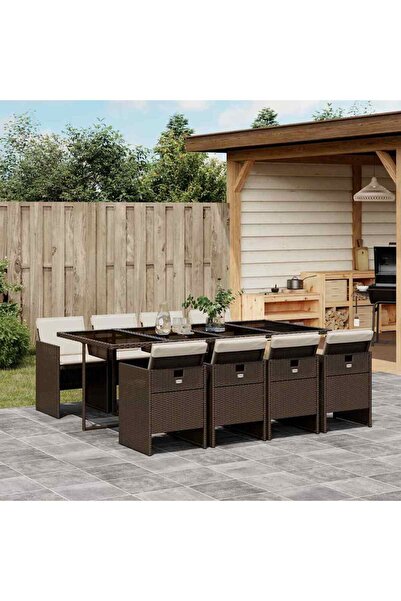 vidaxl Set mobilier de gradina cu perne, 9 piese, maro, poliratan