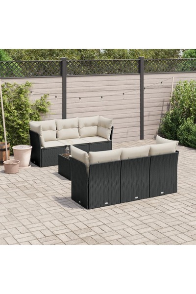 vidaxl Garden sofa set with cushions, 7 pieces, black, polyrattan