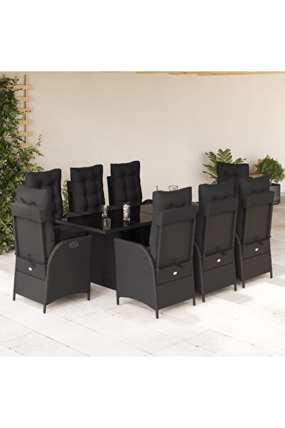 vidaxl Garden furniture set with cushions, 9 pieces, black, polyrattan