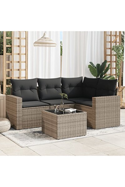 vidaxl Set canapea de gradina cu perne, 5 piese, gri, poliratan