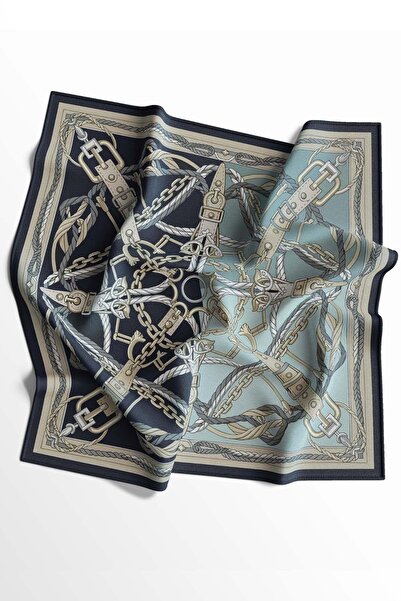 AFVENTE Rope Chain Pattern Navy Blue-Beige Soft Foulard Scarf 90X90 cm