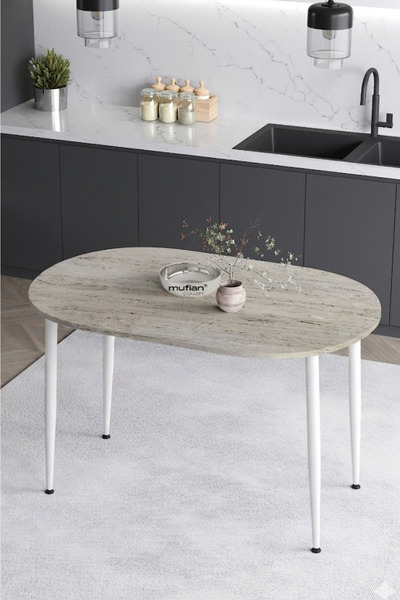 Mufian Concept İskandinav Modern Oval 60x90 CM Beyaz Metal Ayaklı Traverten M...