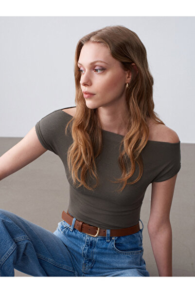 Dilvin 32839 Wide Collar Basic T-Shirt-Khaki