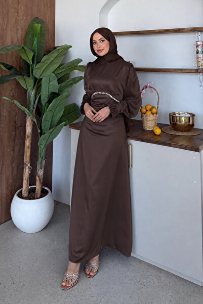 Abiye Diyarı Matmazel Taşlı Satin Hijab Evening Dress with Tie Back Straps