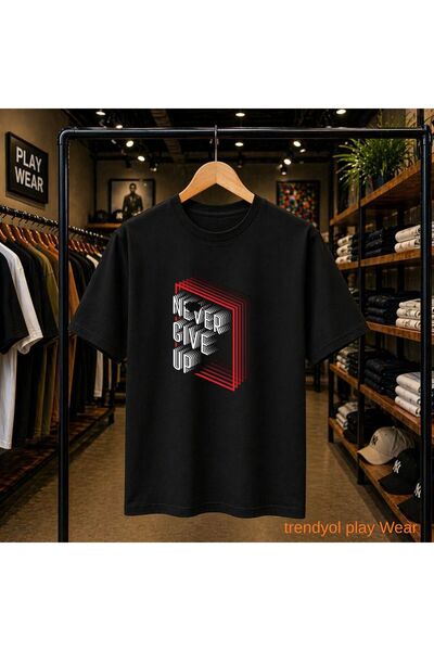 playwear Tricou Never Give Up, cu imprimeu pe piept, 100% bumbac, supradimens...