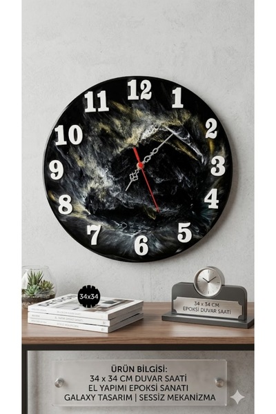 NişTasarım 34 cm El Yapımı Epoksi Duvar Saati - Siyah Mermer Efektli - Modern...