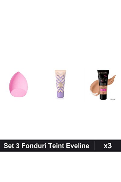 Makeup Set of 3 Eveline Cosmetics Teint Foundations, Pink Make-up Sponge, Lig...