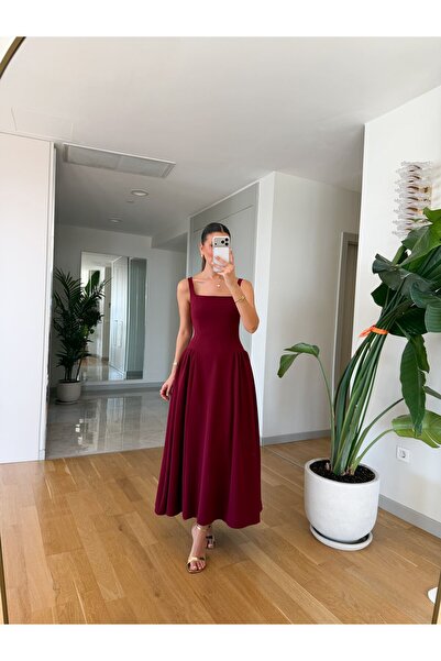 MERVE AKSOY Kare Yaka Kalın Askılı Midi Boy Elbise - Bordo