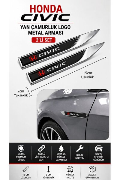 STİLİX GARAGE Honda Civic Metal Damla Desen Çamurluk Yan Çıtası Logo Amblem 2...
