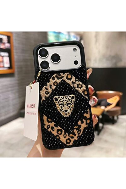 WFC iPhone 16 Pro Max Leopar Desenli Tüylü İnci Taşlı Telefon Kılıfı