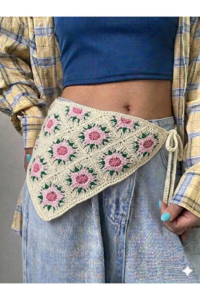 synshop Cream Pink Knitted Sunflower Daisy Triangle Waist Bandana Women Bohem...