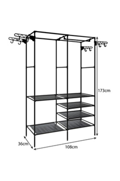 Ruhhy Double Clothing Stand, XXL, 6 Shelves and Hanging Bar, 8 Side Hooks, Me...