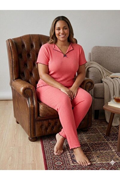 FAMES PİJAMA Summer Women's Pomegranate Flower Ribbed Pajama Set