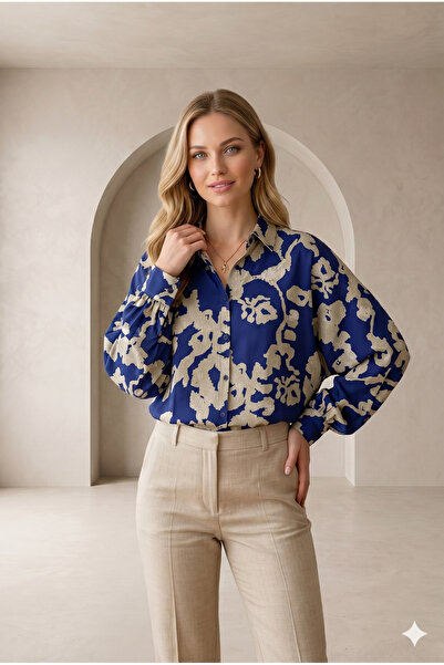 ALFU Moda Kadın Yarasa Kol Desenli Gömlek Yaka Düğmeli Oversize Bluz