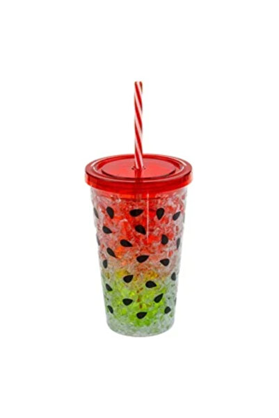 Zumzeria Pahar de plastic cu capac și pai cu design pepene verde, 410ml