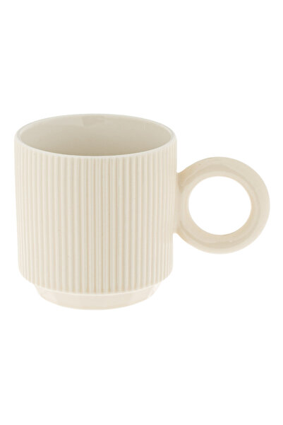 OEM Ecru Ceramic Mug with Relief Stripes and Large Handle Ring 420ml