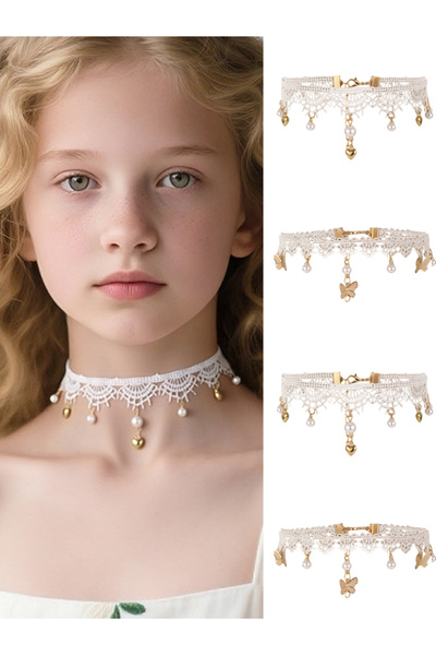 Take Two By Styli Girls White Lace Choker Necklace with Charms
