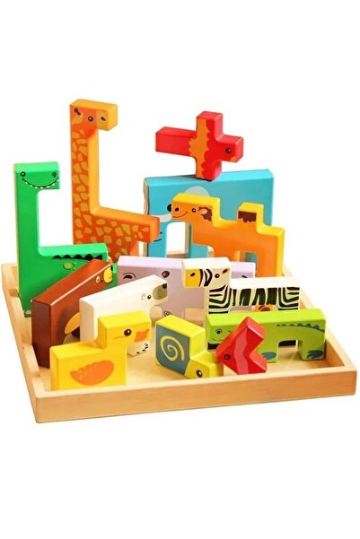 ETOY Set educativ din lemn cu puzzle animale colorate, joc de stivuire si ech...