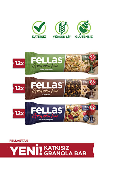 Fellas Granola Bar Protein Kaynağı (23 g) Karma Kutu (12 adet) x3