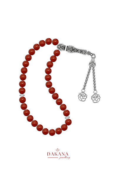 DAKANA JEWELLERY Certified 8 mm Red Agate Stone Lotus Flower Steel Tassel Nat...
