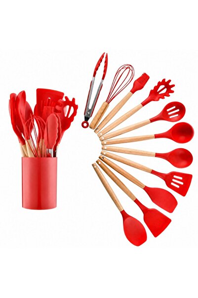 GALORWAY Set of 12 silicone kitchen utensils with wooden handle. Red