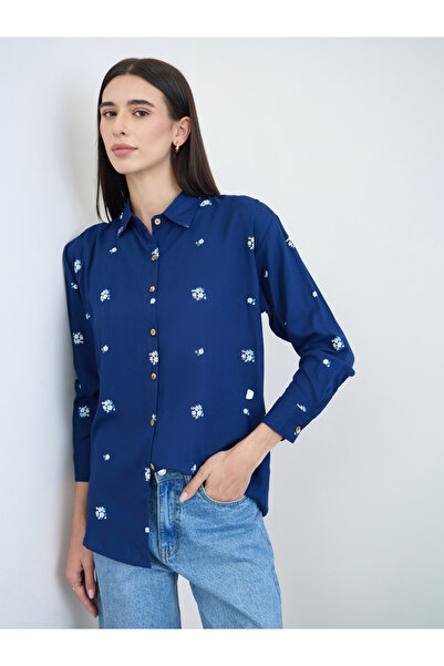 Styli Navy Blue Embroidered Spread Collar Shirt