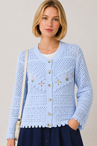 FERHEL Women's Floral Embroidered Front, Pompom Embossed Detail, Buttoned Kni...