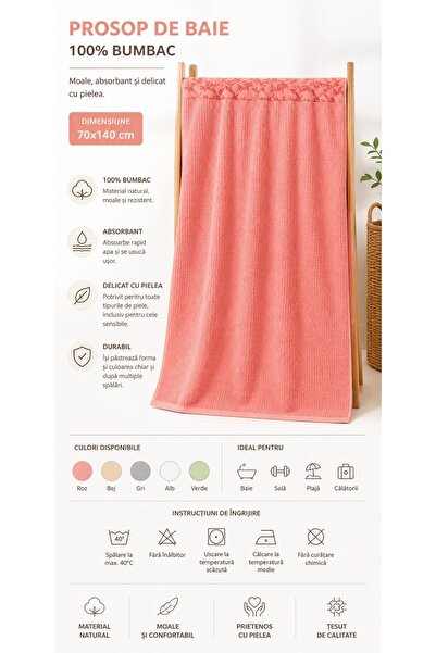 ALAS 100% Cotton Bath Cotton, Coral Pink, 70x140 cm