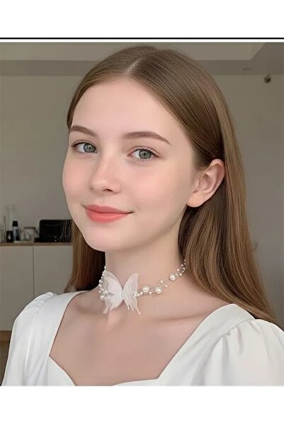 TakıConcept Kelebek Detaylı İnci Beyaz Kolye Choker Kadın Kolye