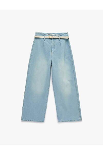 Koton High Waist Cotton Belted Short Wide Leg Denim Trousers - Wide Leg Jean